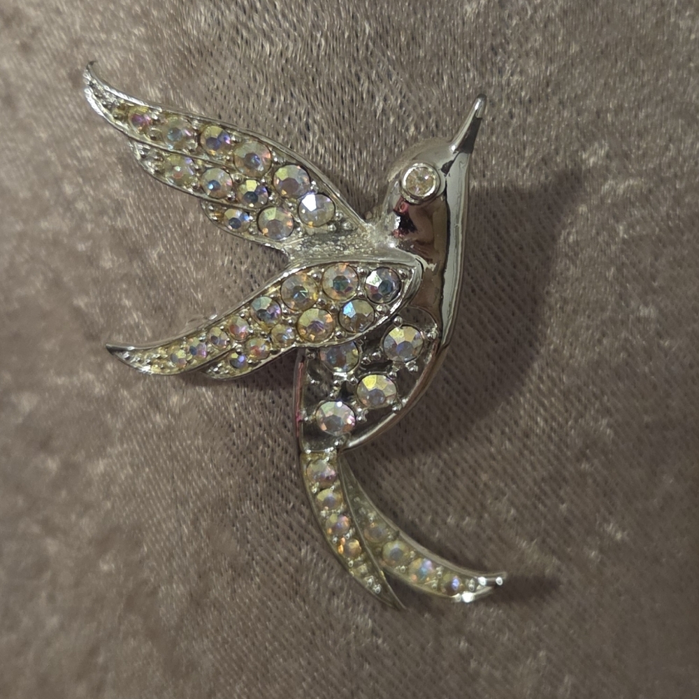 Shimmering Silver Hummingbird Brooch with Crystal Details